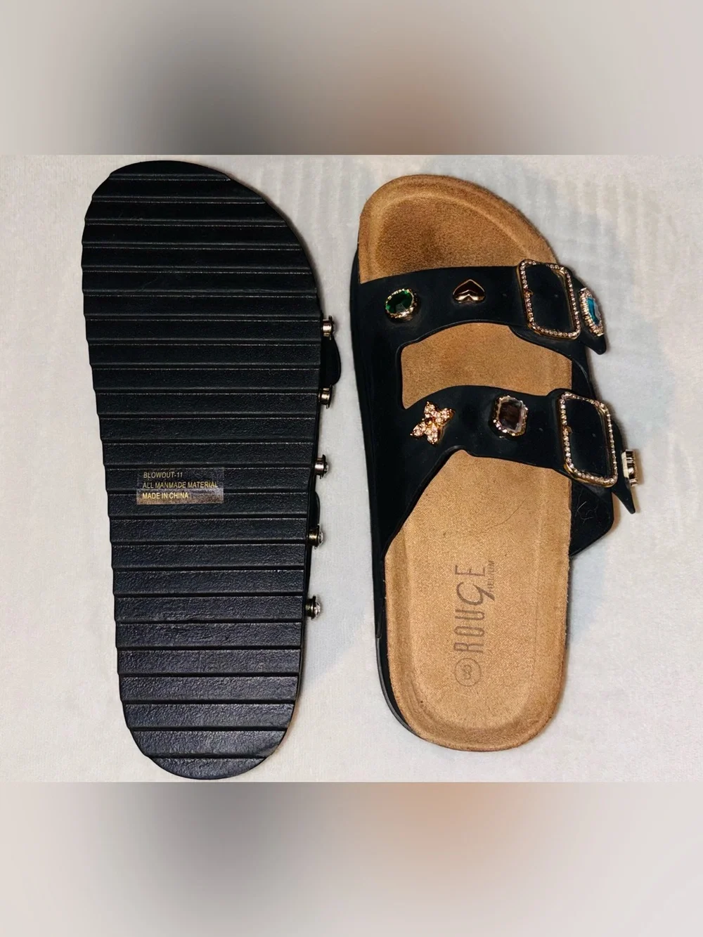 Black Jeweled Double-Buckle Slide Sandals